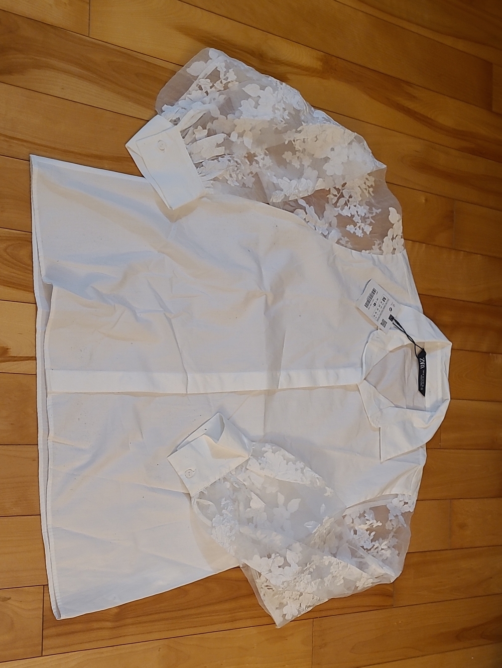 Zara White Floral Sheer Puff Sleeve Blouse